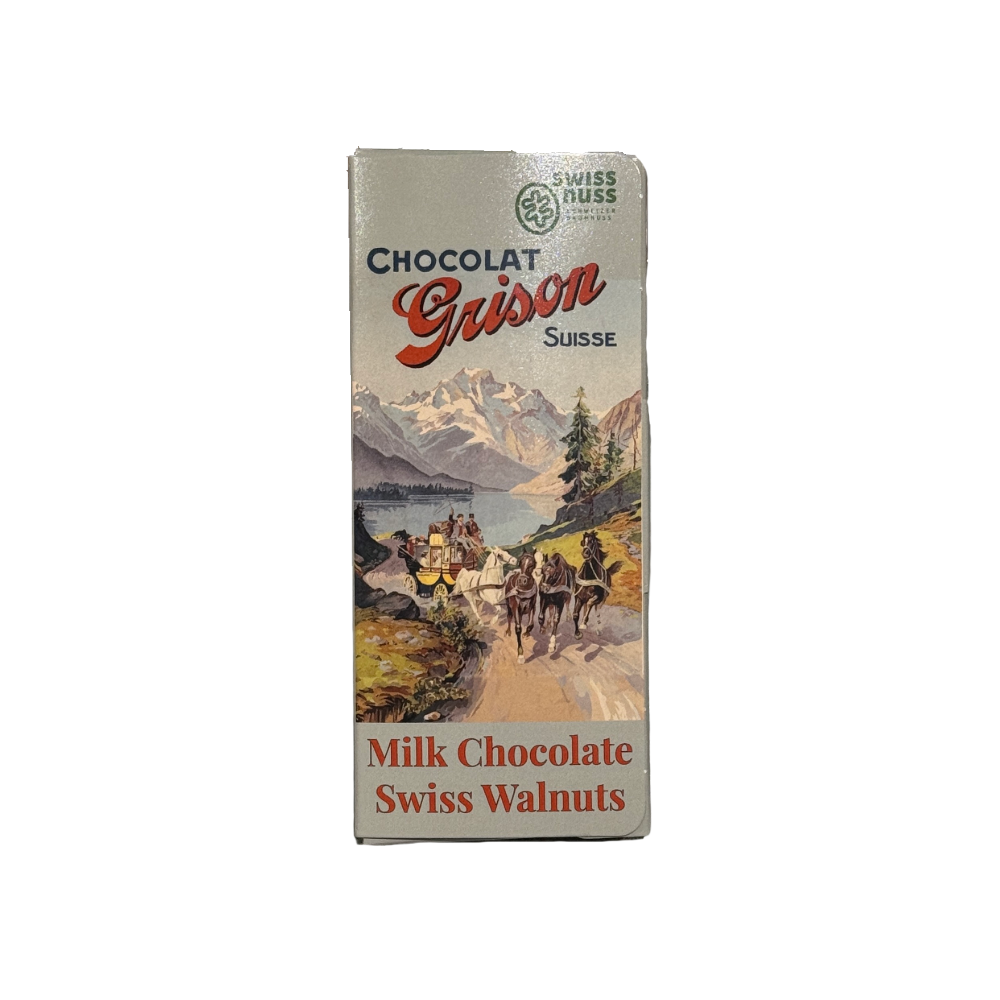Bündner Walnusschokolade mit lokalen Bio Walnüssen aus Malans (Graubünden)